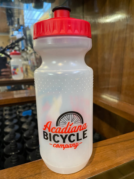Acadiana Bicycle Company logo on clear water bottle