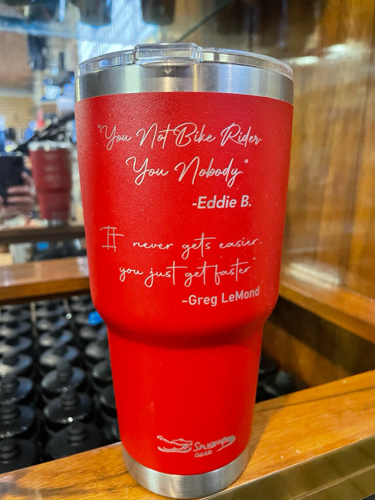 Red BBOT AwardMaster tumbler with cycling quotes