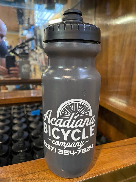 Acadiana Bicycle Company logo on smoke colored water bottle